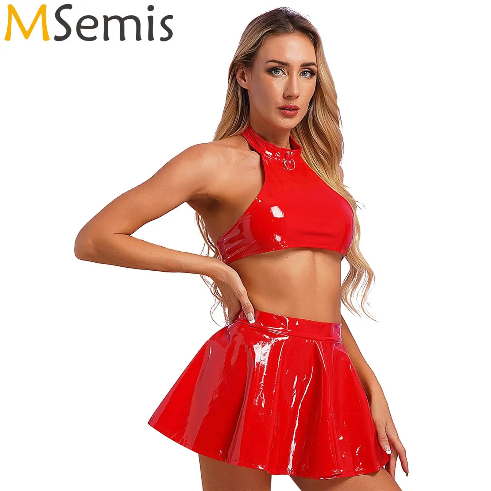 Womens Two Piece Rave Party Outfits O Ring Halter Vest Tops Backless Patent Leather Crop Top with Invisible Zipper Flared Skirt