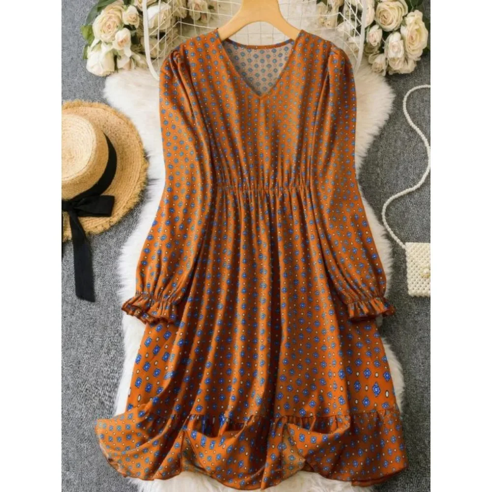 

Plus Size 1XL-5XL Summer New Women's All-Print Dress V-neck Printed Long-Sleeved Dress