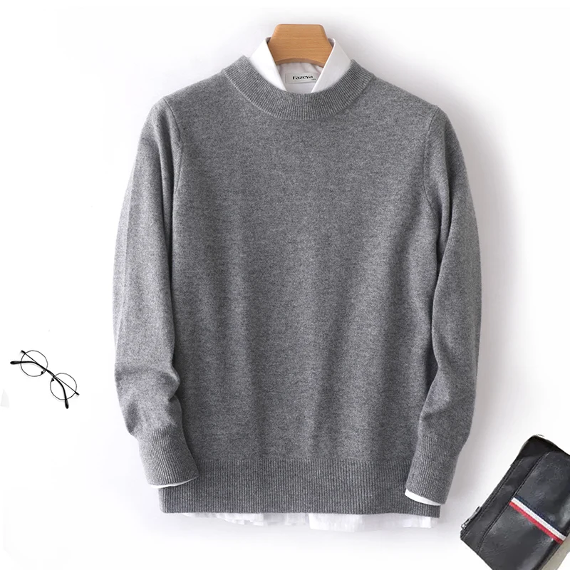 Autumn And Winter New 100% Pure Wool Men's Round Neck Pullover Sweater Loose Padded Cashmere Knit Bottoming Shirt