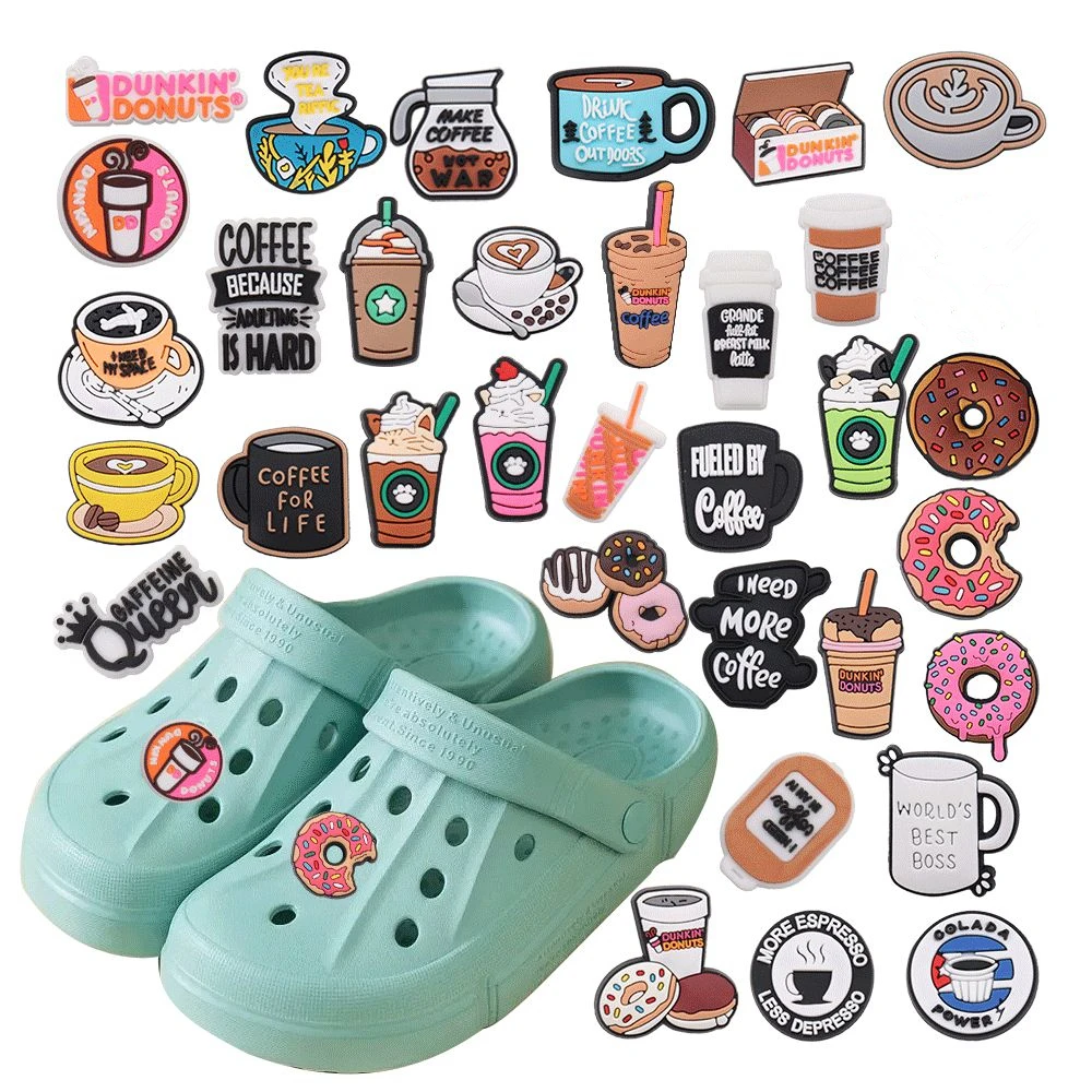 

33 шт./компл., топливные кофейными пончиками, еда, ПВХ, подвески для обуви, дизайнерские сандалии для взрослых, аксессуары для обуви, сделай сам, детский праздничный подарок