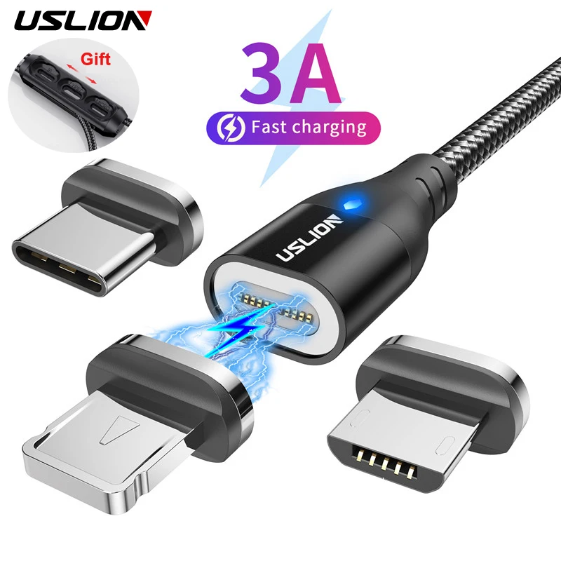 USLION 3 IN 1 3A Fast Charging Magnetic Cable For Iphone Xiaomi POCO Type C Cable Micro USB Wire Data Charge Cord With Plug Case