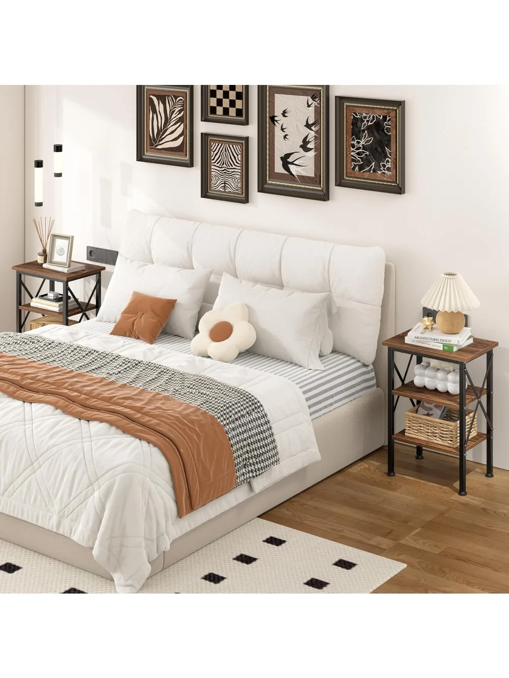 طقم طاولة نهاية بنية ريفية مكون من قطعتين، منضدة بتصميم X بطول 24 بوصة مع مساحة تخزين من 3 طبقات للمساحات الصغيرة وغرفة النوم وغرفة المعيشة