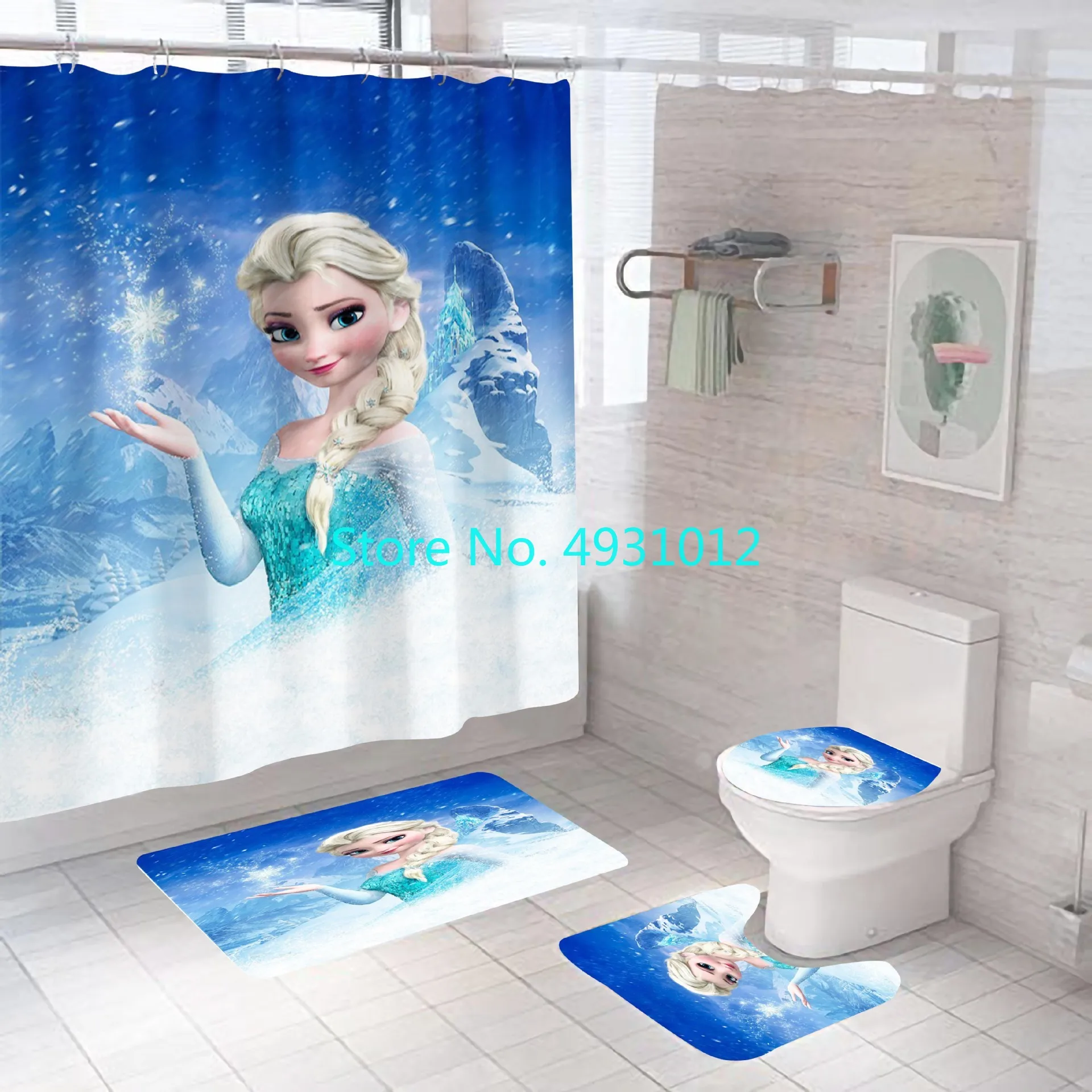 

Frozen Elsa and Anna Princess Non-slip Mat Set Waterproof Funny Shower Curtain Pedestal Toilet Cover Bath Mat Rug