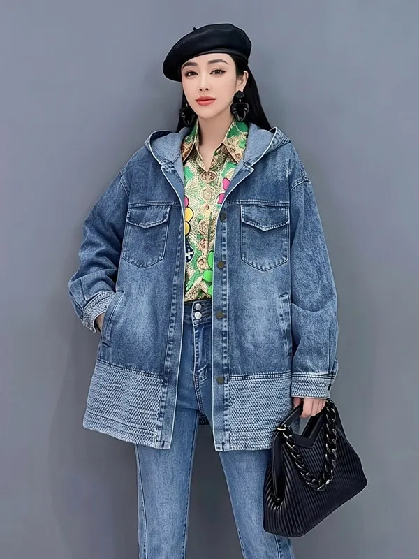SuperAen Retro Denim Hooded Coats for Women Blue Single Breasted Mid-length Loose Autumn New Jackets