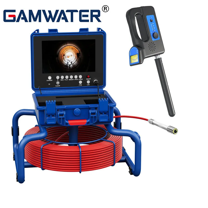 

Sewer Pipe Inspection Camera with Meter Counter and Self-Leveling 512HZ Transmitter DVR 9 inch Waterproof Endoscope Camera