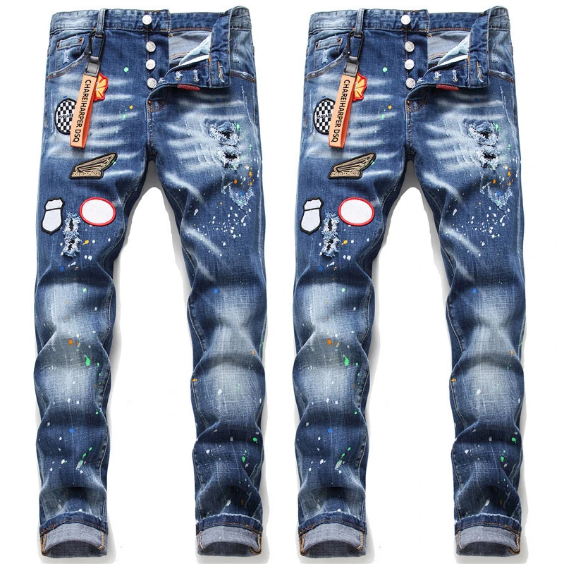 100Chareharper dsq 1045 Men\'s small straight leg embroidered jeans Ripped Fabric Stretch Paint Splash badge jeans