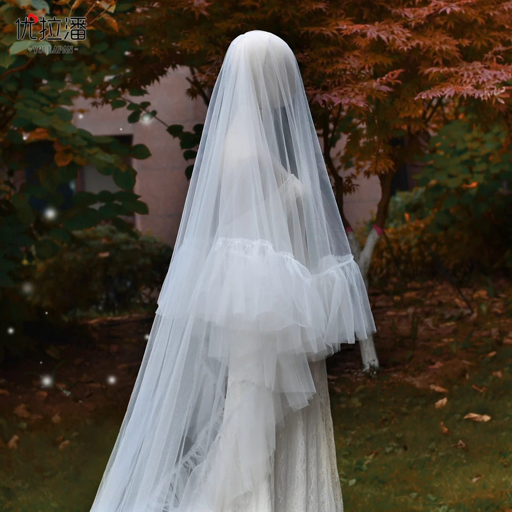 TOPQUEEN V117 Pearls Wedding Veil 2 layers Bridal Veils Cover Face Ruffled Pleated Cathedral Drop Veil Removable Bridal Tail