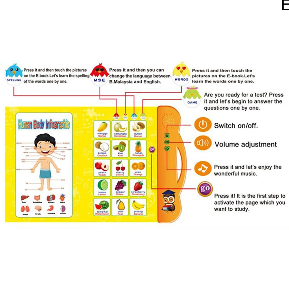 Eboyu HX888-4 Engels/Maleisië Tweetalige Lezen Boek Reader Educatief Talking Sound Speelgoed Engels/Maleisië Leren Machine