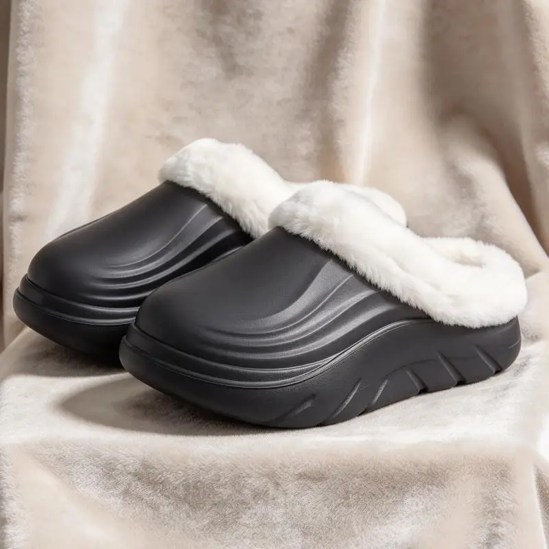 Winter Waterproof Thick Platform EVA Slippers Men Furry Short Plush Warm Outdoor Shoes Soft Bottom Anti Slip House Slippers Man