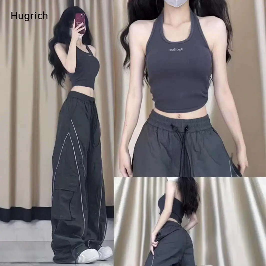 Women's High Waist Wide Leg Cargo Pants with Contrast Stitching - Loose Fit Streetwear Trousers for Casual Daily Wear