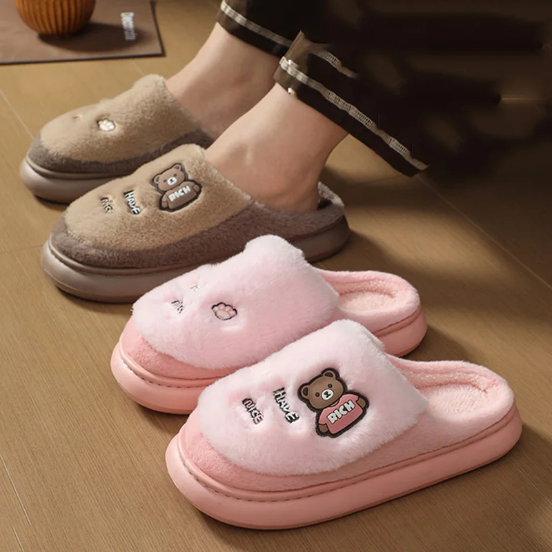 Couple Cartoon Plush Slippers 2026 Winter Indoor Thick Sole Fluffy Slides Women Comfy Soft Sole Non Slip Warm House Slippers