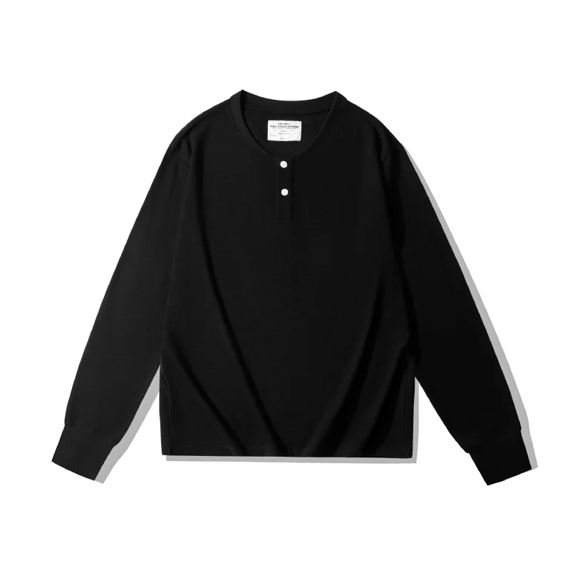 320g Slub Cotton Henley Shirt Vintage Casual Style Men's Long Sleeve T-Shirt Fall Basic Layer Tee