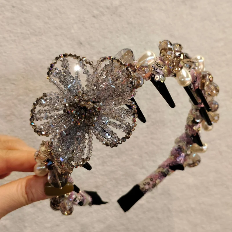Elegant Crystal Flower Hair Hoop Women Beaded Pearl Lace Headband With Non‑slip Comb Teeth Wedding Banquet Hair Accessories