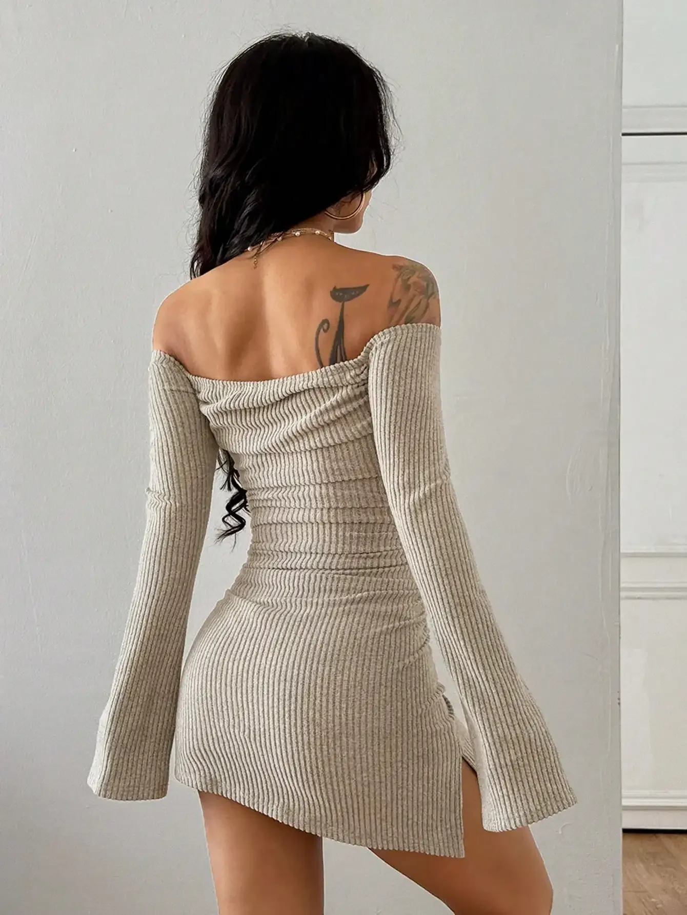 Elegant Solid Color Knitted Off-shoulder Slim - Image 2