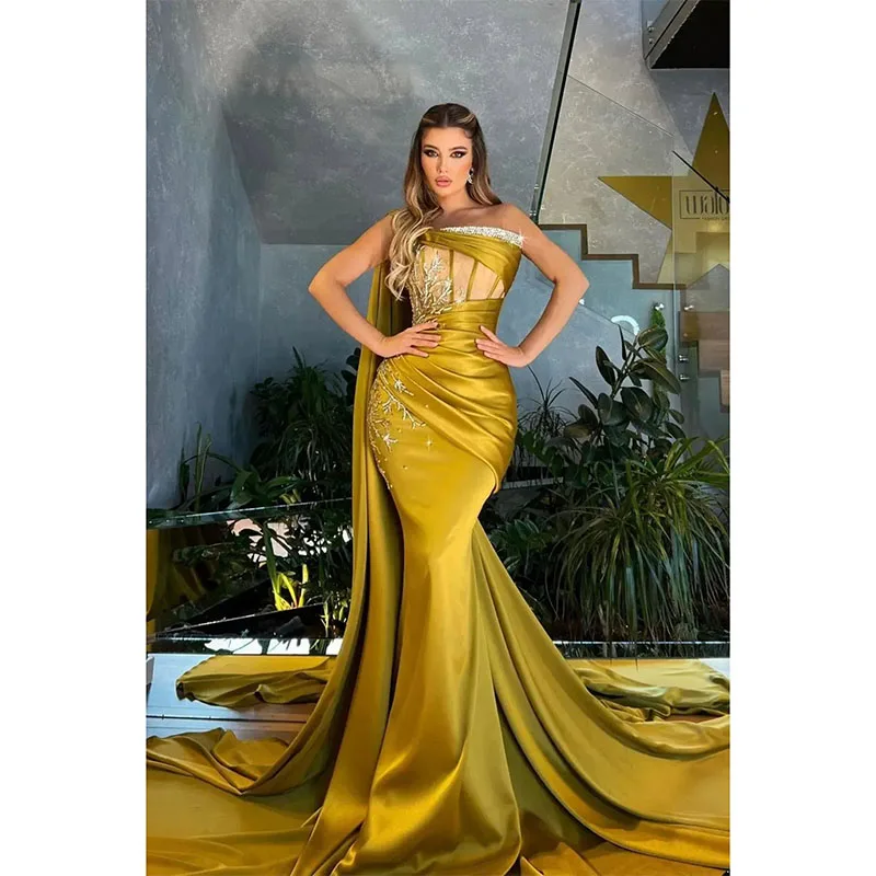 Vestido elegante de sirena para baile de graduación, vestidos de fiesta de satén sin tirantes, cristales con cuentas, tren de barrido, vestido de noche hecho a medida 2024