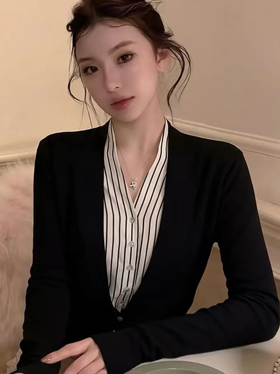 Unique Beautiful Spliced Open Cardigan Cute Top High Quality Casual Style Long Sleeve T-Shirt Dream  Brand Fall New Arrival