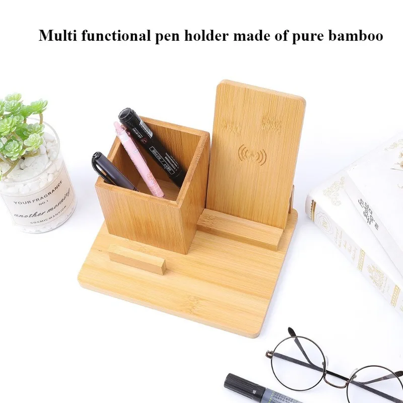 

Minimalist Bamboo & Wood Desk Organizer – Multi-Function Pen Holder with Wireless Charging, Office Decor Gift