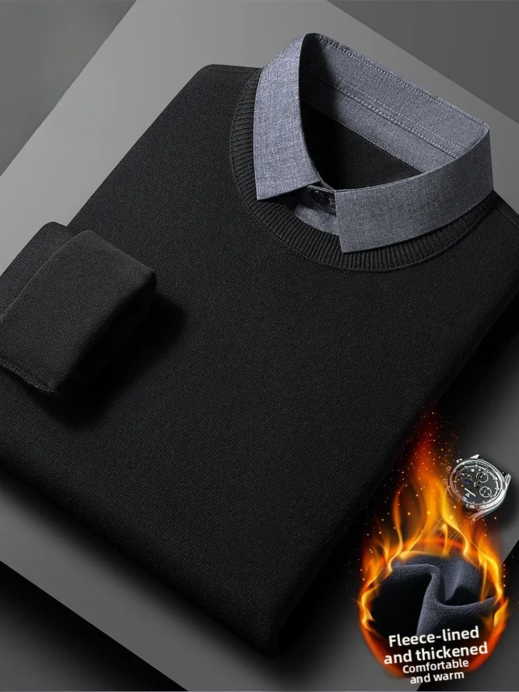 

Мужской повседневный свитер с воротником-стойкой, зимний, модный, на флисовой подкладке, из смесовой шерсти, трикотажный, удобный, свободного кроя