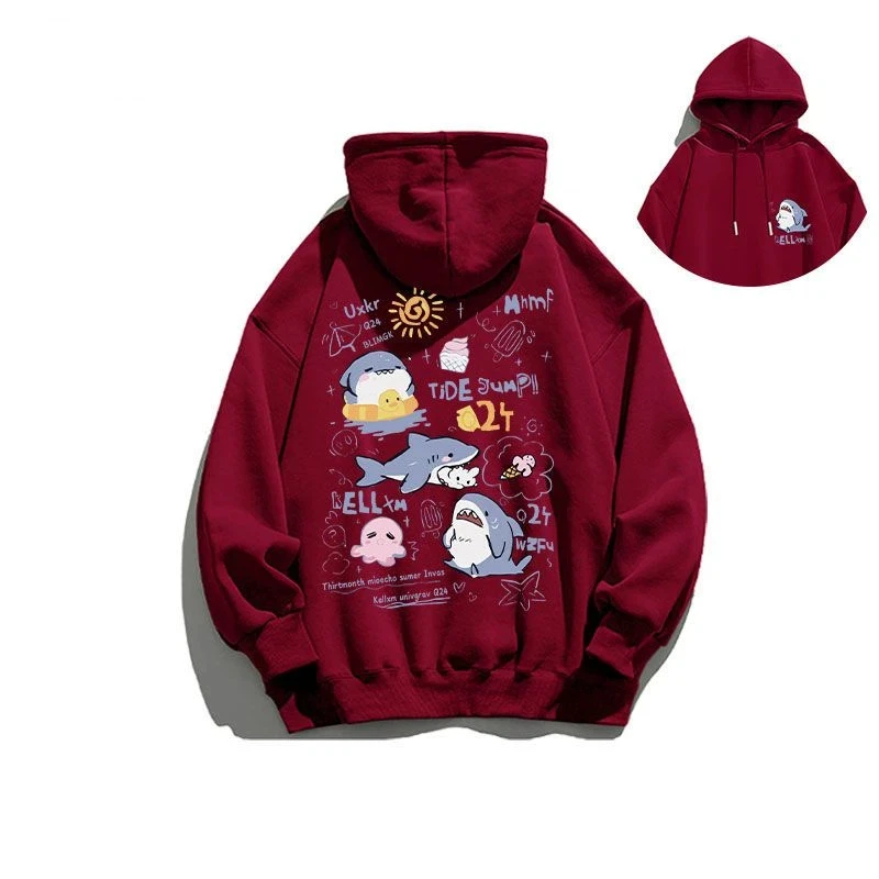 Sudadera con Capucha Unisex con Estampado de Tiburón Estilo Graffiti Japonés, Forro Polar Silver Fox, Ropa Urbana para Parejas, Informal, Otoño Invierno