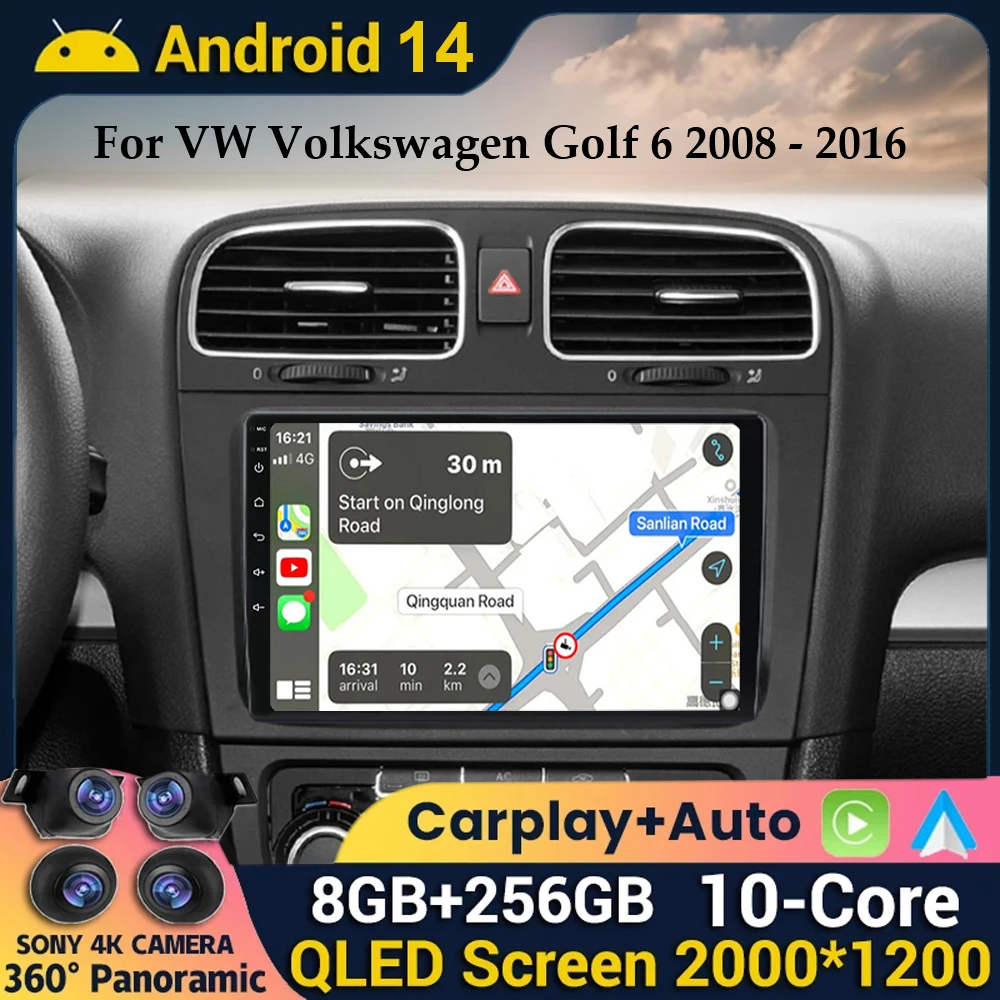 

Автомагнитола Carplay для VW Volkswagen Golf 6 2008 2009 2010 2011 2012 2013 2014-2016, мультимедийный стереоплеер с GPS, Android 14