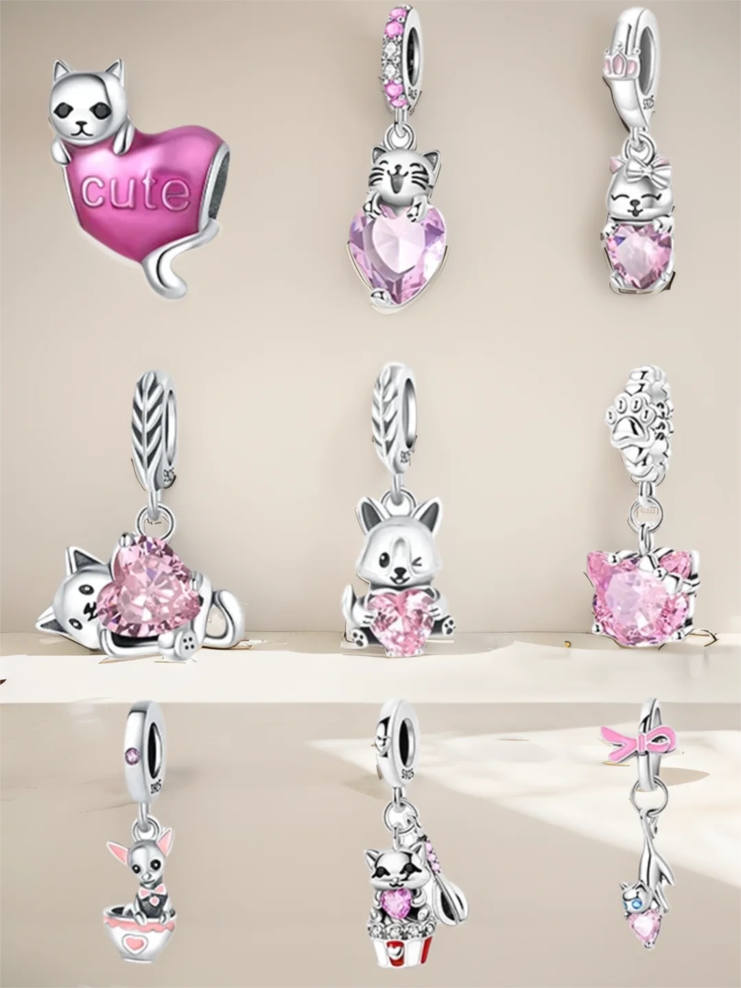 

Anniversary Charms Silver 925 Pink Cat Love Heart Beads Fit Original Bracelets Beads Charms Jewelry Making Fine Jewelry Gift