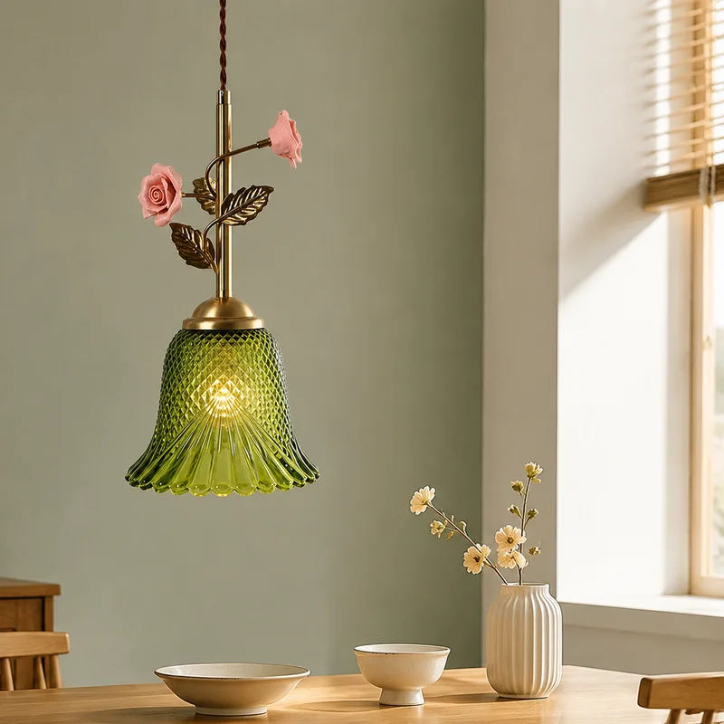 Vintage French Cottage Floral Glass Rose Fluted Shade Hanging Fixture For Bedroom Bedside Living Room Dining Room Pendant Lamp