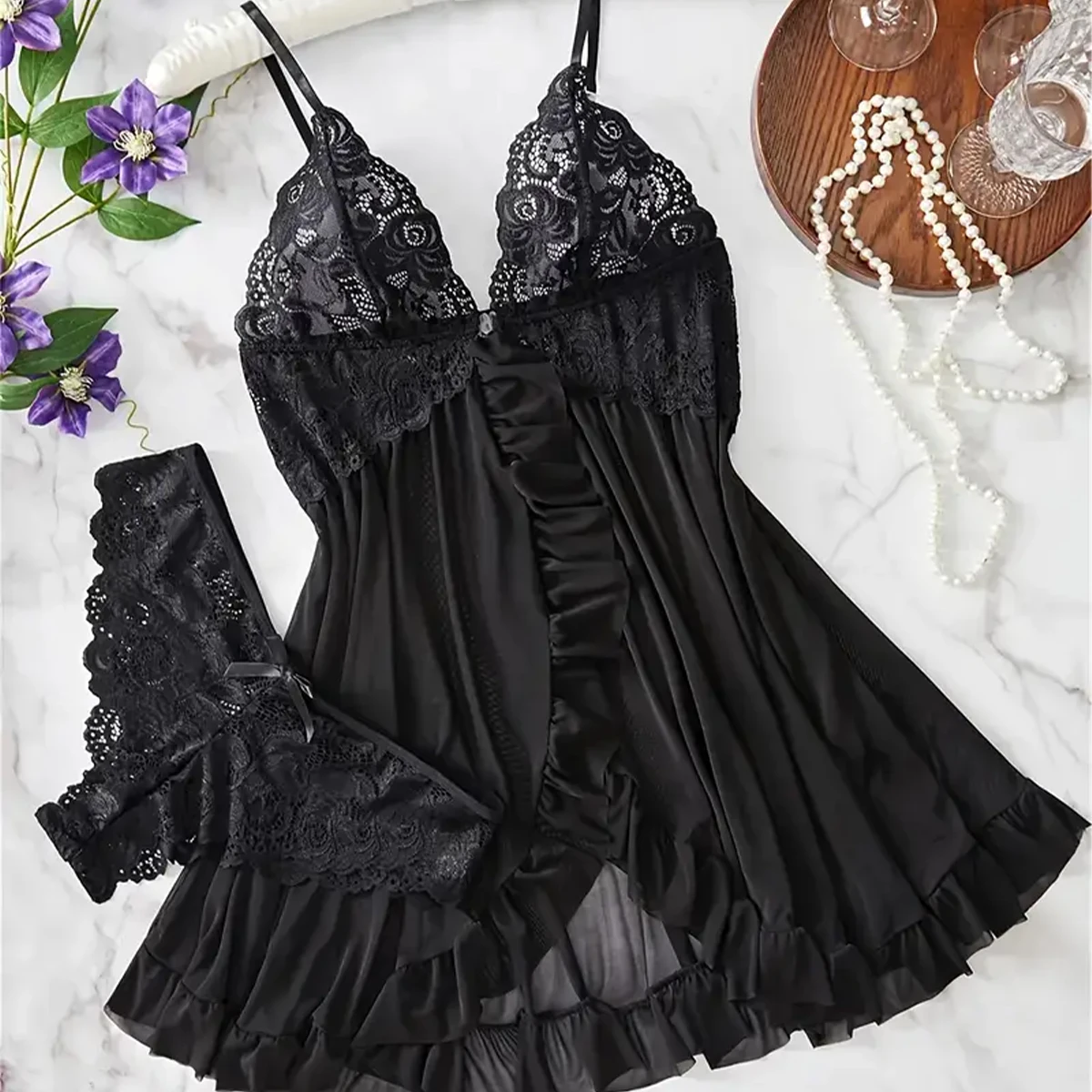 Summer Women's Bow Print Pattern Sleeveless Suspender Sexy Backless Mini Blue Ultra Short Sleepwear Two-piece Set Lingerie