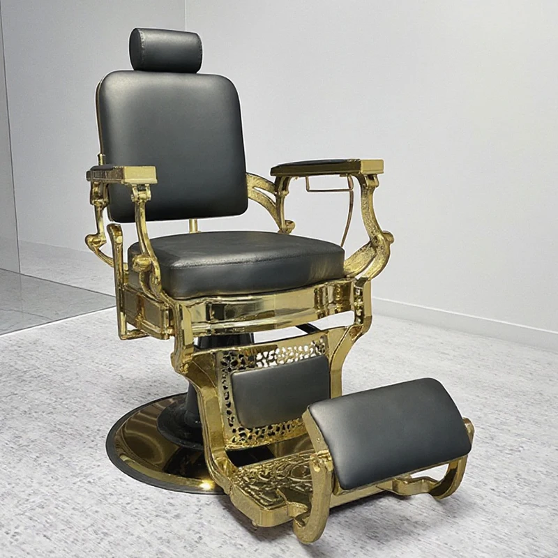 Luxury Black Gold Barber Shop Hair Chair Modern Heavy Duty Adjustable Reclining Rotary Shaving Barber Chair