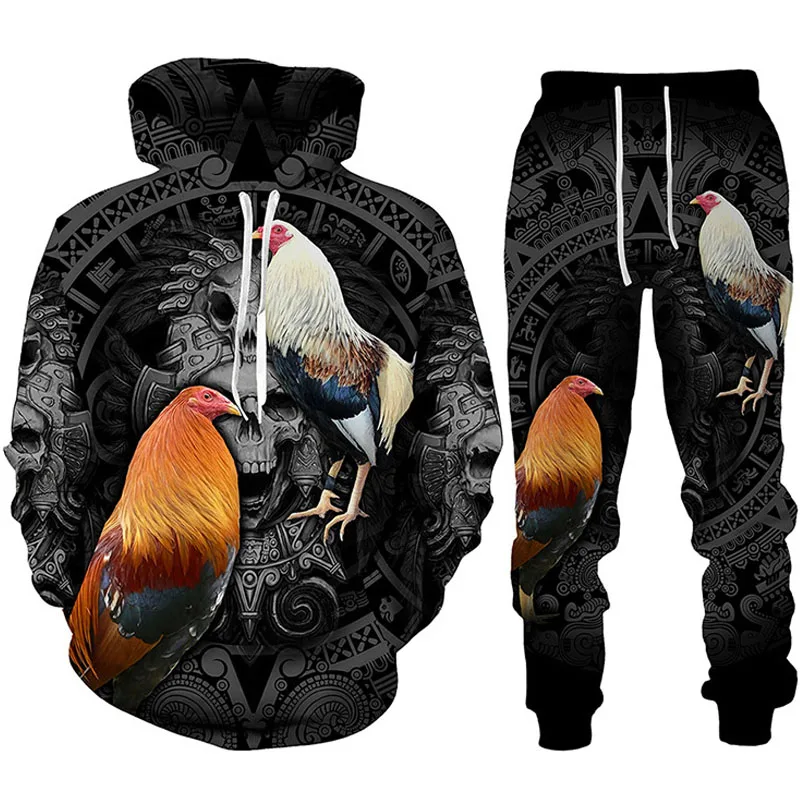 Conjunto de Sudadera con capucha y pantalones para hombre, chándal de camuflaje de caza de gallo, Sudadera con capucha y pantalones, jersey de moda con estampado 3D de animales de gallo, 2 piezas