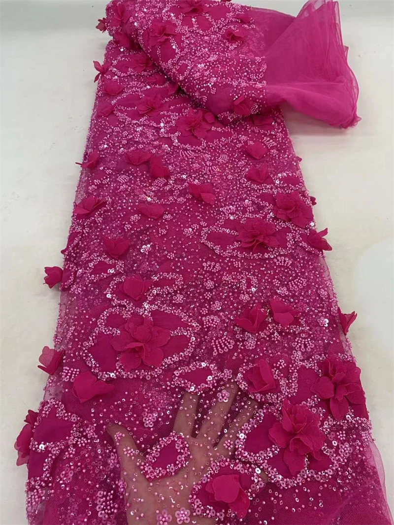 Fuchsia,3D Flowers Embroidered Tulle Lace Fabric for Sewing, African Sequins Mesh Lace, France Luxury Beads, High Quality, 2024