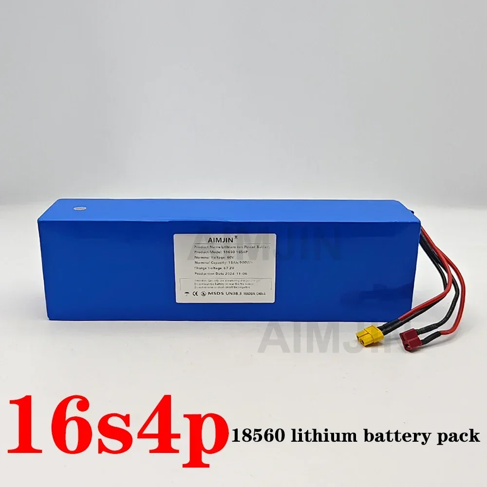 60V battery 15000mAH 18650 Lithium with BMS for Motorcycle, Scooter, Bicycle 2000W Motor 16s4p Battery Pack