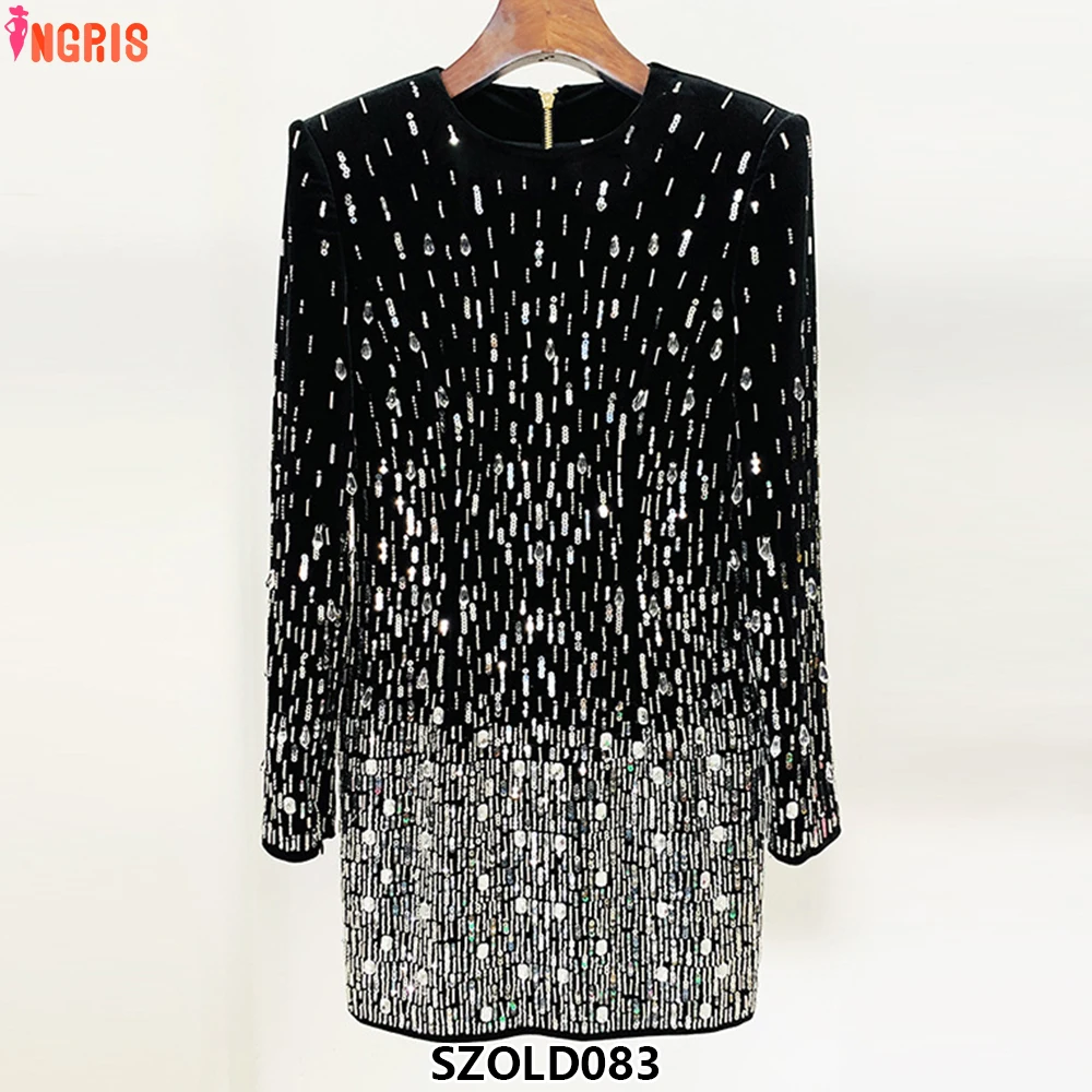 

2025 autumn and winter women's celebrity fashion new heavy beaded glitter canary long sleeve dress-SZOLD083