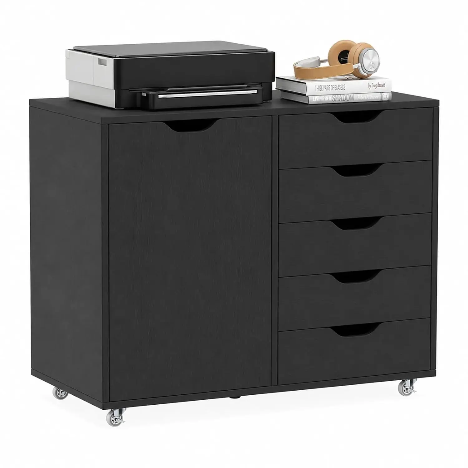 Rolling 5-Drawer File Cabinet with Lockable Wheels, Home Office Storage, Black, Customized