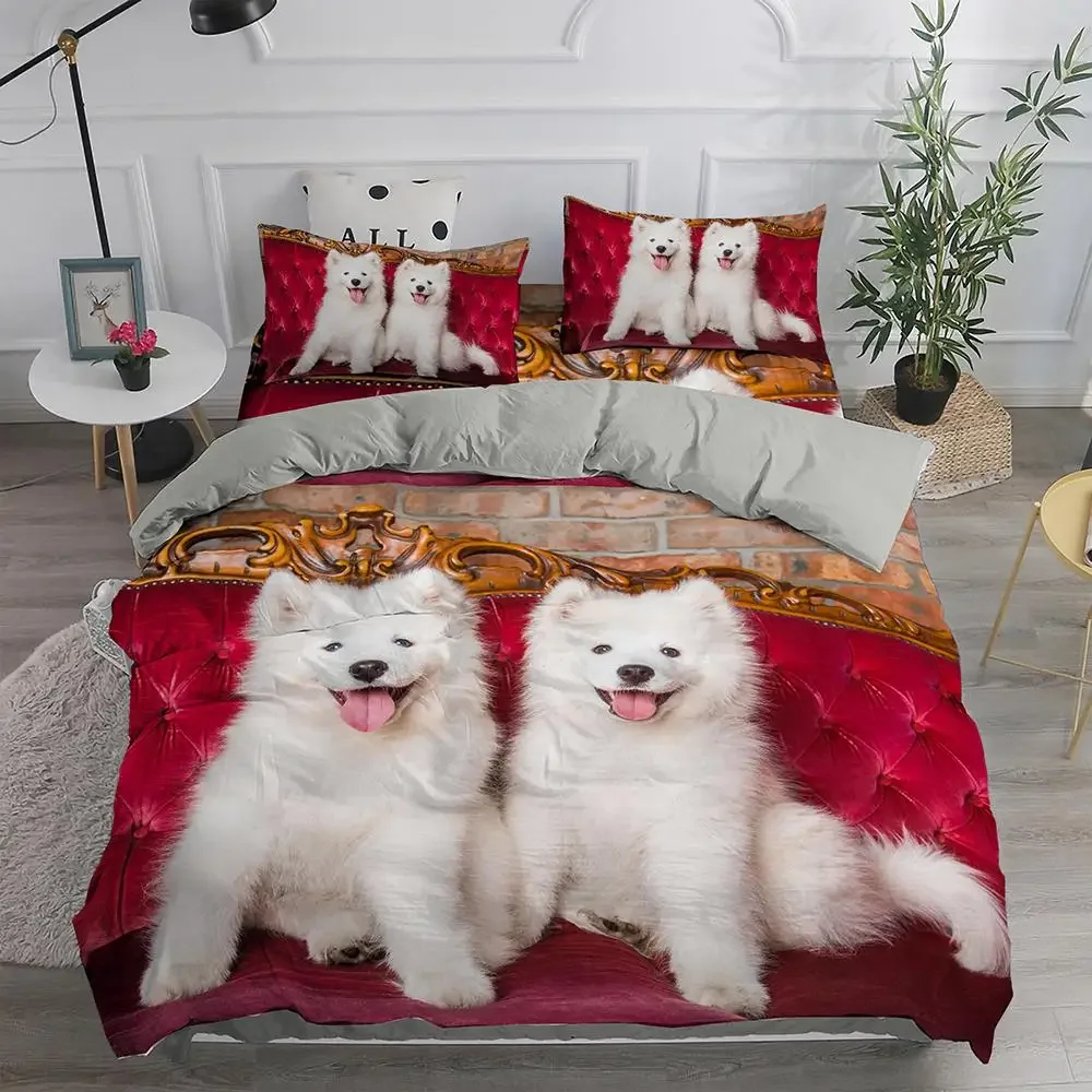 Juego de funda nórdica para perro tamaño King, bonito juego de cama doble con Ángel sonriente samoyedo para niños y adolescentes, funda de edredón de poliéster para cachorros encantadores