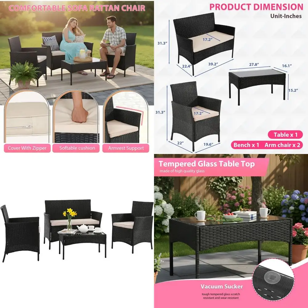 

4-Piece Wicker Patio Furniture Set with Loveseats, Coffee Table, and Khaki Cushions for Outdoor/Indoor Use