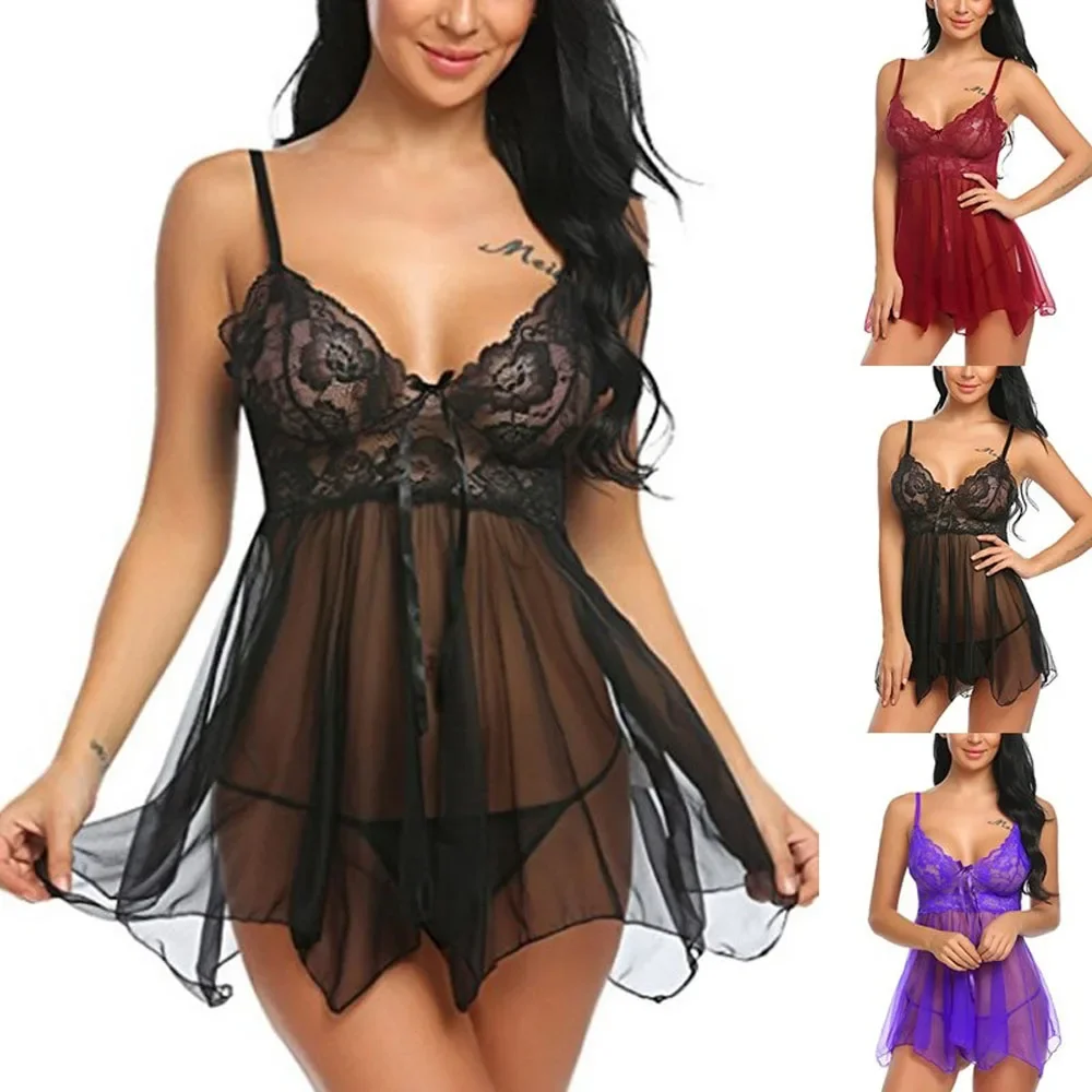 Sexy Low Cut seno Mesh See Through Lace Lingerie Sleepwear abito esotico biancheria intima femminile camicia da notte T-String WYQQ-7552431