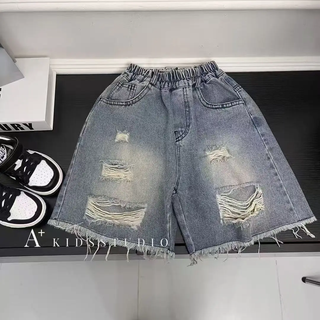 Children's Ripped Denim Shorts for Summer 2026 Boys Handsome Casual Versatile  Five Inch Pants Trendy Cool
