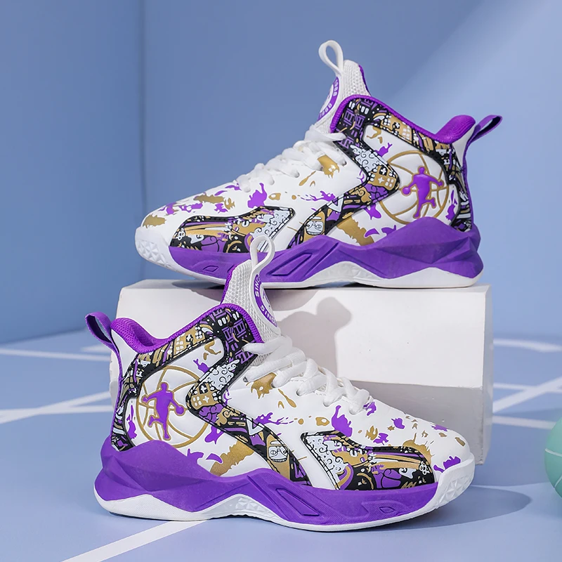 

A pair of children's four-season leather high-top basketball shoes, wear-resistant basketball shoes, sizes 31-37，RB-2866