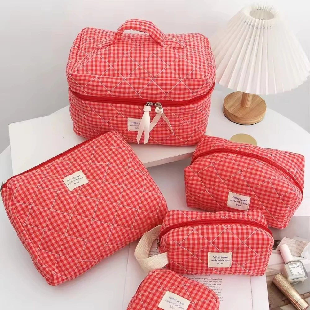 Trousse de maquillage à carreaux de grande capacité pour femmes et filles | Sac cosmétique portable multifonctionnel, pochette mignonne, trousse de toilette pour soins de la peau