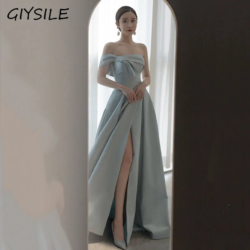 

GIYSILE Elegant Slit Satin Evening Dress New Long luxury Dress French Banquet Birthday Party Prom Dress Bride Wedding Dresses