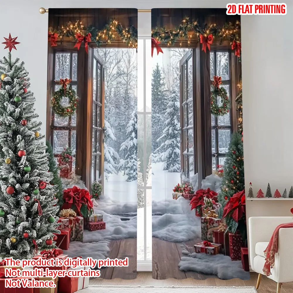 

2pcs 2D flat printing Merry Christmas Popular Window Drapes Beautiful Christmas in Winter Machine Washable Polyester Without