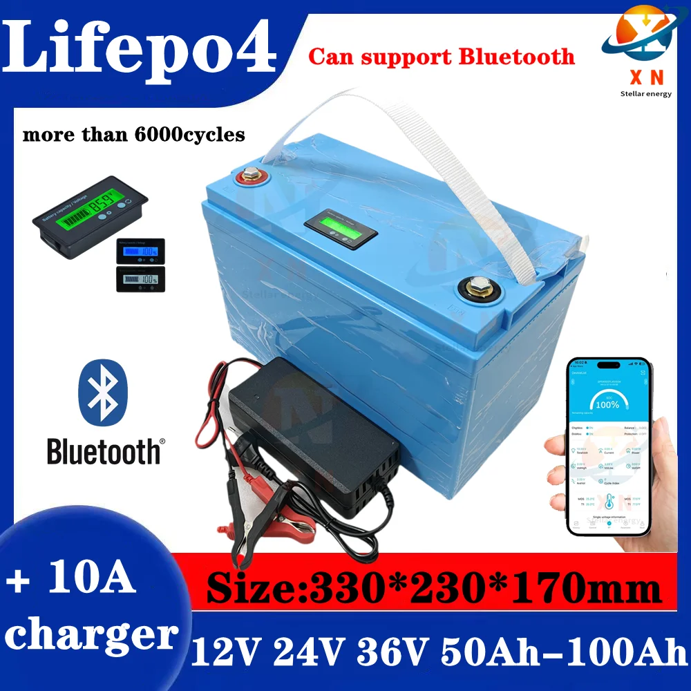 12V 100AH 120Ah 150Ah 24V 36V 40Ah 50AH 60Ah 80Ah lifepo4 lithium battery deep cycle batteries bluetooth BMS with charger