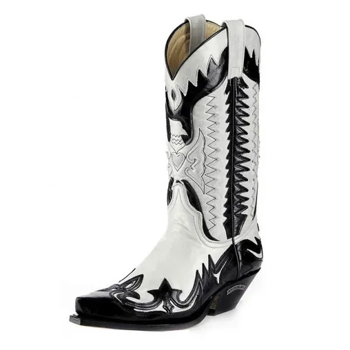 

Black White Color Matching Pointed Toe Mid-Calf Knight Boots Slip-On Thick Heel Botines Large Size Custom Western Cowboy Botas