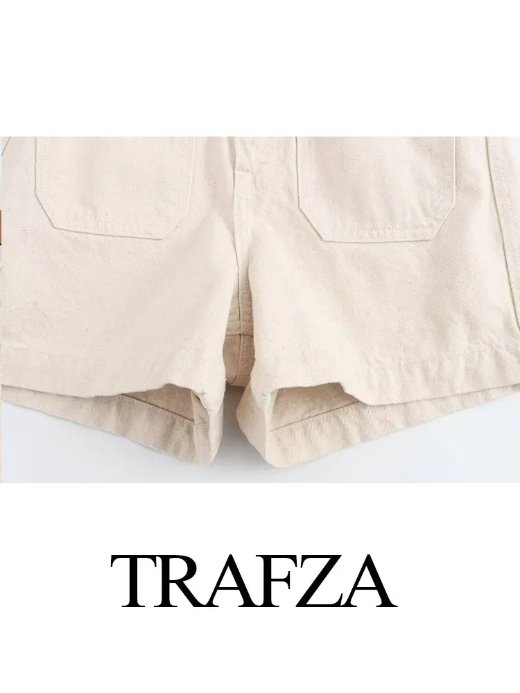 TRAFZA-pantalones vaqueros versátiles para mujer, Shorts holgados de cintura alta, color liso, elegantes con bolsillos y cinturón, moda de verano, 2024