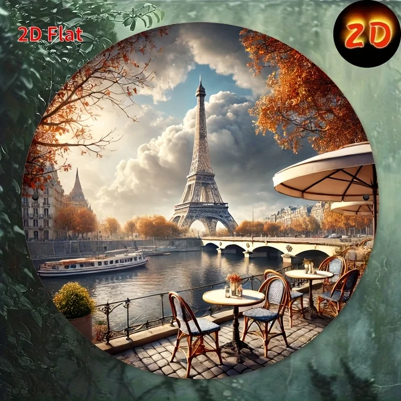 Vintage Paris Eiffel Tower Round Tin Sign, Retro 3D Effect Paris Cafe Seine River Eiffel Tower Landscape Metal Wall Art, Rustic