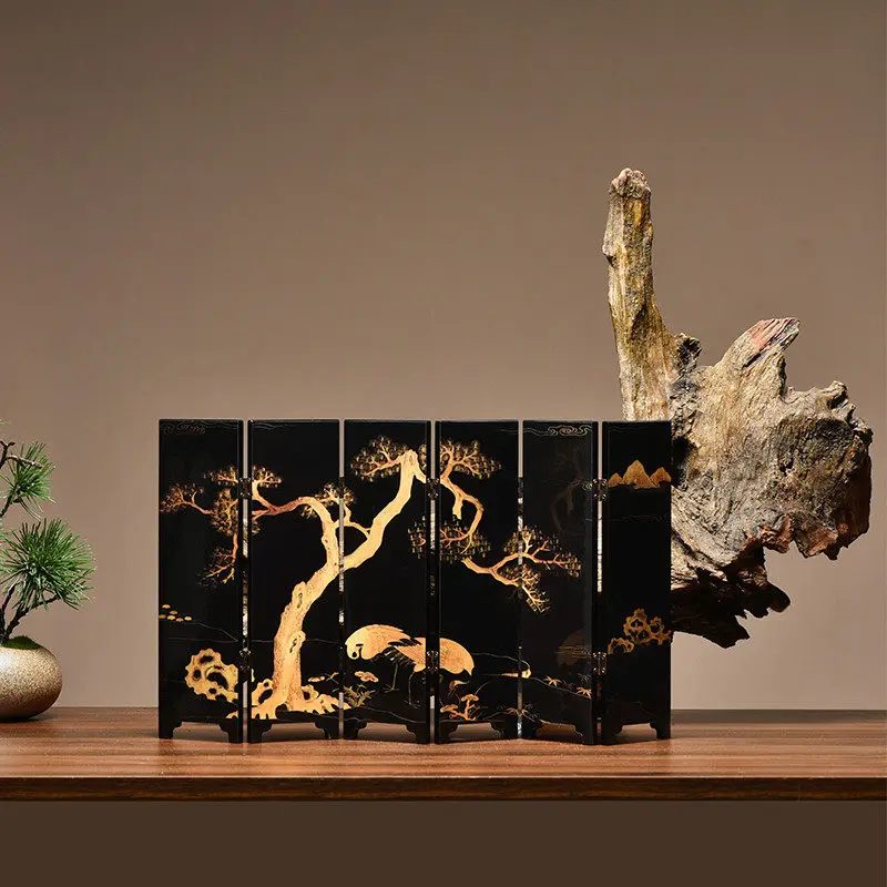 Double Sided Small Screen Ornament Antique Retro Lacquer Craft Tea Table Decoration Gift Tea Ceremony Accessory Gift Box Packed