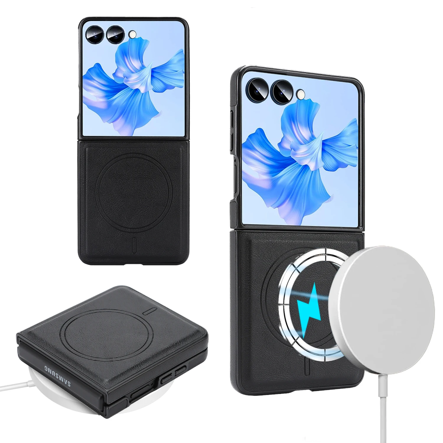 Magnetic Wireless Charging Case For Samsung Galaxy Z Flip 7 FE,6,5,4,3 Faux Leather Phone Cover