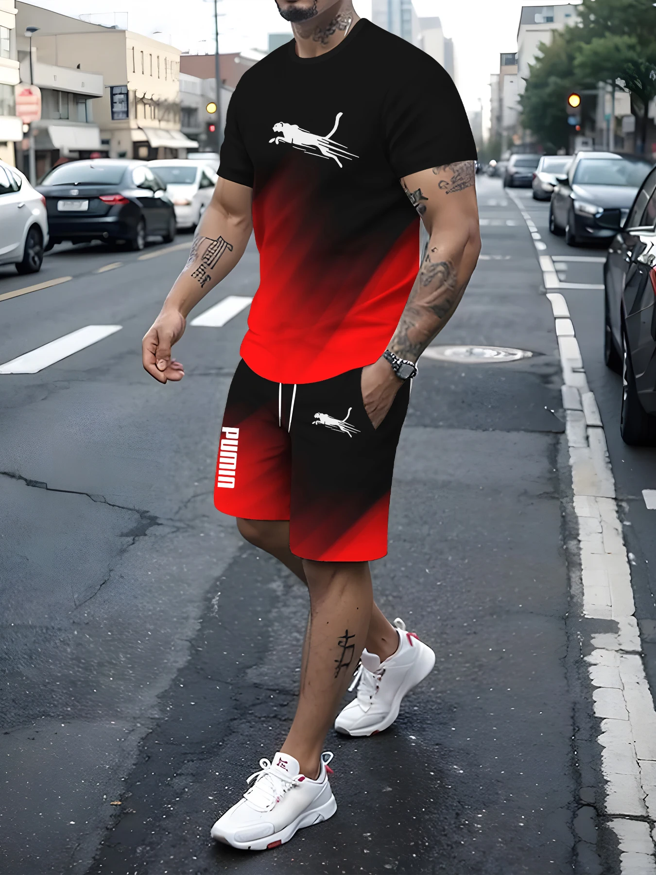 2024 new men\'s sportswear fitness set Running set Casual T-shirt + shorts set Breathable jogging men 2 gradual change sets