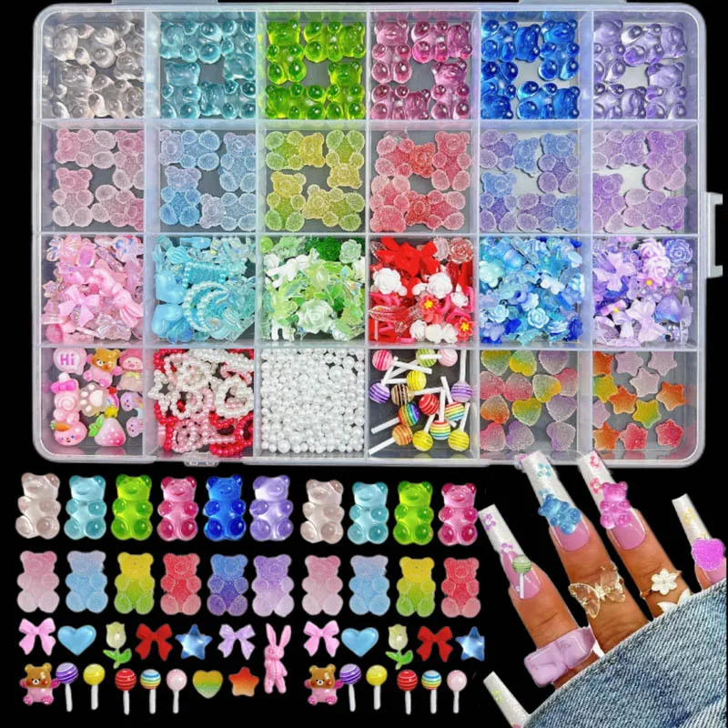 1Box Random Mixed Dopamine Colored Flower Bear Bow Nail Art Decoration 3D Resin Simulated Candy Pearl Nail Charm DIY Supplies