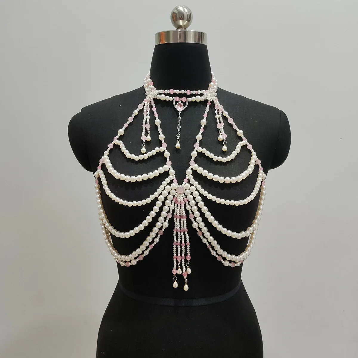 Unique Complex Structures Beaded Chain Pink And White Contrast Colors Full Body Jewelry Harness Gothic Punk Lingerie Accessories